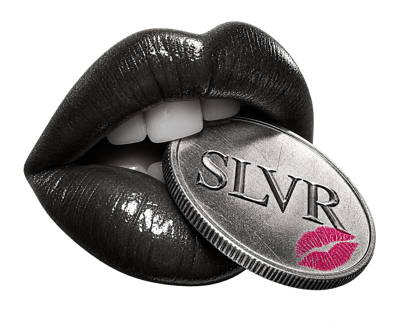 Glossy lips biting a silver SLVR coin